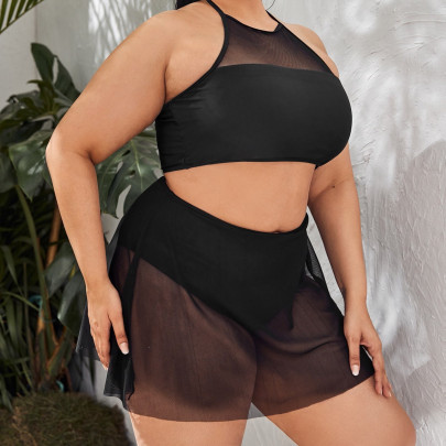 Large Size Black Perspective Mesh Stitching Split Two-piece Beach Swimsuit  NSJHD122064