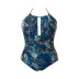 Large Size blue Print Halterneck Lace-up one-piece Swimsuit  NSJHD122067