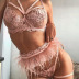 solid color feather tassel lace embroidery hollow underwear three-piece set NSHLN122131