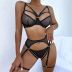 sexy black perspective mesh lace steel ring underwear three-piece set NSHLN122137