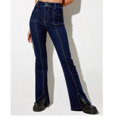 Dark Blue Washed Flared Slit Jeans  NSCXY121667