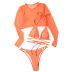 solid color long-sleeved perspective mesh bikini three-piece swimsuit  NSOLY122149