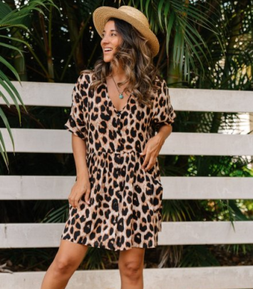 Leopard Print Short-sleeved V-neck Loose Dress  NSCXY121786