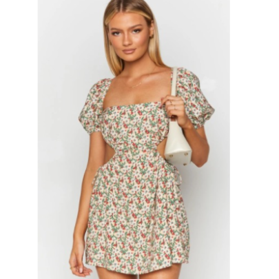 Floral Print Short-sleeved Square Neck Hollow Short Dress  NSCXY121988