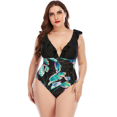 Plus Size One-piece Printing Color Matching Ruffled One-piece Swimsuit NSYDS122090