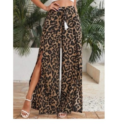 Leopard Print Tassel Lace-up Waist Wide-leg Slit Pants NSSYD122235