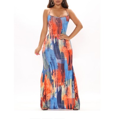 Print Backless Lace-up Slit Suspender Long Dress NSHFH122226