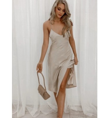 Solid Color Backless Low-cut Slit Sling Mid-length Dress NSCXY121963