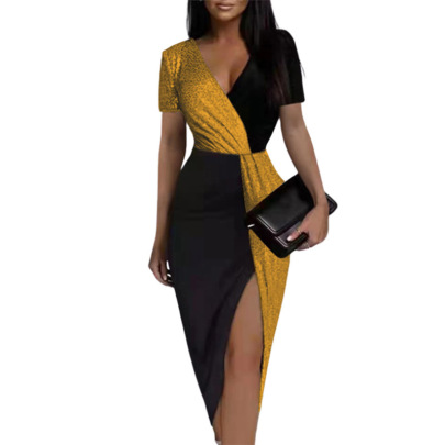 Short-sleeved V-neck Sparkling Dress NSLZ122282