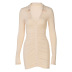 solid color deep V-neck lapel long-sleeved pleated sheath dress NSLKL122334