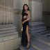 solid color knitted stitching wrap chest hollow slit dress NSLKL122357