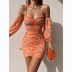 flower print one-word neck stitching long sleeve suspender dress NSCXY122372