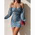 flower print one-word neck stitching long sleeve suspender dress NSCXY122372