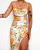 flower printing backless slit mid-length slip dress NSCXY122381