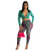 plus size solid color V-Neck Tight Top printed Pants Two-piece Set NSCYF122396