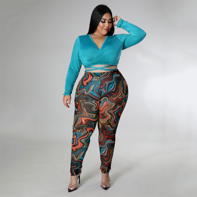 Plus Size Solid Color V-Neck Tight Top Printed Pants Two-piece Set NSCYF122396