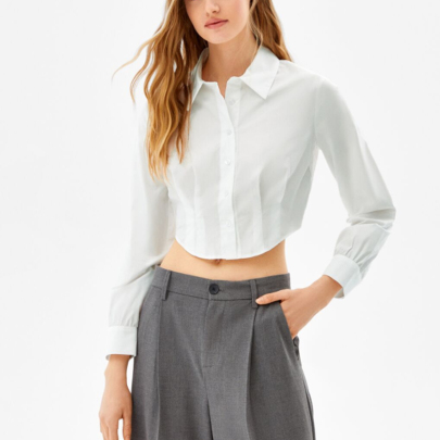 White Long-sleeved Lapel Short Poplin Shirt NSLAY122752