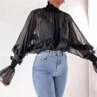 Black Long-sleeved Ruffled Perspective Chiffon Shirt Top  NSLAY122753