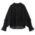 black long-sleeved ruffled Perspective Chiffon shirt top  NSLAY122753
