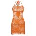 orange perspective hollow lace tube top fringed halterneck sling dress NSKAJ122410