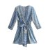 blue patchwork print v-neck lace-up short jumpsuit  NSAM122441