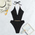 black ruffled deep v chain halterneck one-piece swimsuit  NSOLY122449