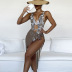 snake print deep V hollow one-piece swimsuit and mesh skirt two-piece swimsuit set NSOLY122456