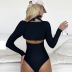 black halterneck one-piece swimsuit and long-sleeved cover-up two-piece swimsuit set NSOLY122474