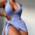 hanging neck backless lace-up solid color one-piece swimsuit set NSOLY122482