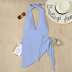 hanging neck backless lace-up solid color one-piece swimsuit set NSOLY122482