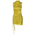 yellow sleeveless stand-up collar drawstring zipper tight short dress NSLKL122556