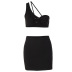 black single-shoulder double sling hollow vest and package hip slim skirt two-piece set NSLKL122559
