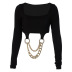 black long-sleeved square neck iron chain pendant stitching T-shirt NSLKL122569