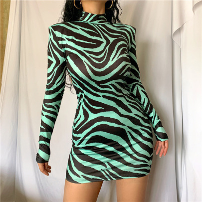 Sexy Zebra Print High-collar Long-sleeved Backless Short Tight Dress  NSLKL122571