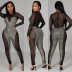 stitching long sleeve round neck tight perspective jumpsuit NSHBG122595
