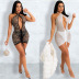 hanging neck backless hot drill drawstring solid color perspective dress (including panties) NSHBG122599