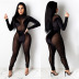 stitching Hot diamonds tight long sleeve solid color perspective flocking jumpsuit NSHBG122642