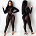 stitching Hot diamonds tight long sleeve solid color perspective flocking jumpsuit NSHBG122642
