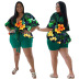 plus size print low-cut lace-up short sleeve slim top and shorts set NSLNW122654