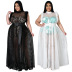 plus size print sling tight jumpsuit and sleeveless round neck hollow see-through dress set NSLNW122655