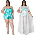 plus size print sling tight jumpsuit and sleeveless round neck hollow see-through dress set NSLNW122655