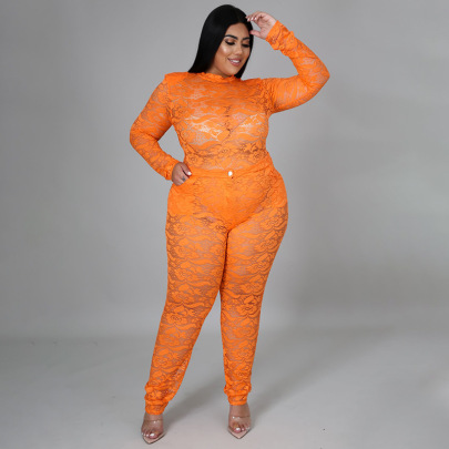 Plus Size Long Sleeve Round Neck Slim Solid Color Lace One-piece Top And Pant Set NSLNW122657