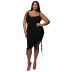 plus size sling low-cut slim drawstring solid color dress NSLNW122660