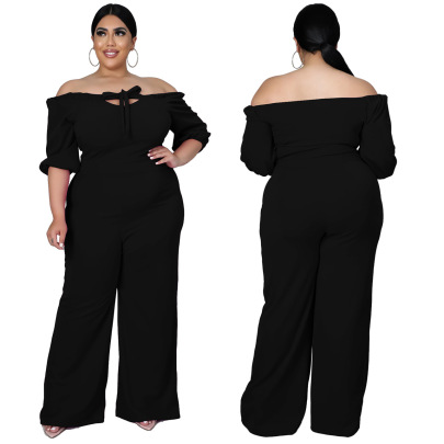Plus Size One-word Collar Short Sleeve Lace-up Wide-leg Solid Color Jumpsuit NSLNW122661