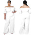 plus size one-word collar short sleeve lace-up wide-leg solid color jumpsuit NSLNW122661