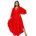 plus size bell-sleeved V-neck waist large swing solid color dress NSLNW122666