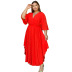 plus size bell-sleeved V-neck waist large swing solid color dress NSLNW122666