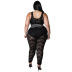 plus size sling high waist slim solid color lace see-through vest and pant set NSLNW122667