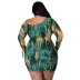 plus size print slanted shoulder long sleeve tight drawstring dress NSLNW122668