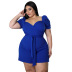plus size low-cut puff sleeve lace-up solid color jumpsuit NSLNW122670
